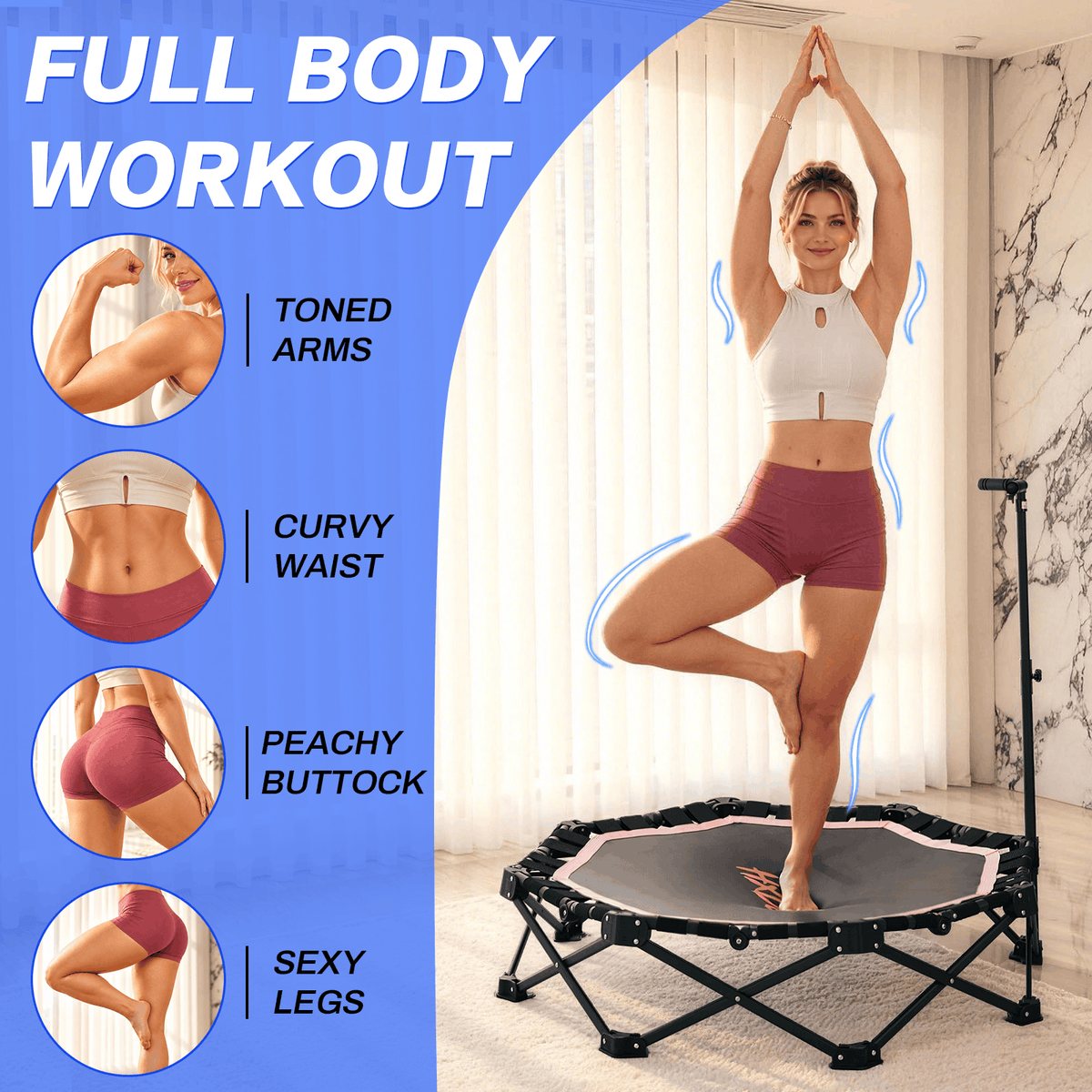 HXD-ERGO Pro Hexagonal Foldable Rebounder, Zero-Assembly Fitness Trampoline with Stability Handle