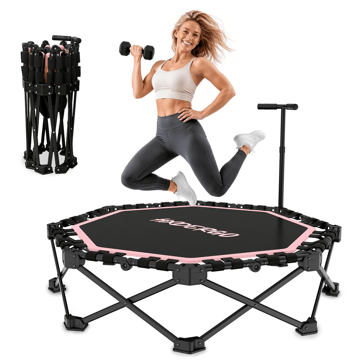 HXD-ERGO Pro Hexagonal Foldable Rebounder, Zero-Assembly Fitness Trampoline with Stability Handle