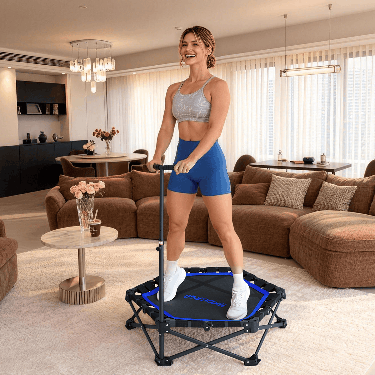 HXD-ERGO Pro Hexagonal Foldable Rebounder, Zero-Assembly Fitness Trampoline with Stability Handle