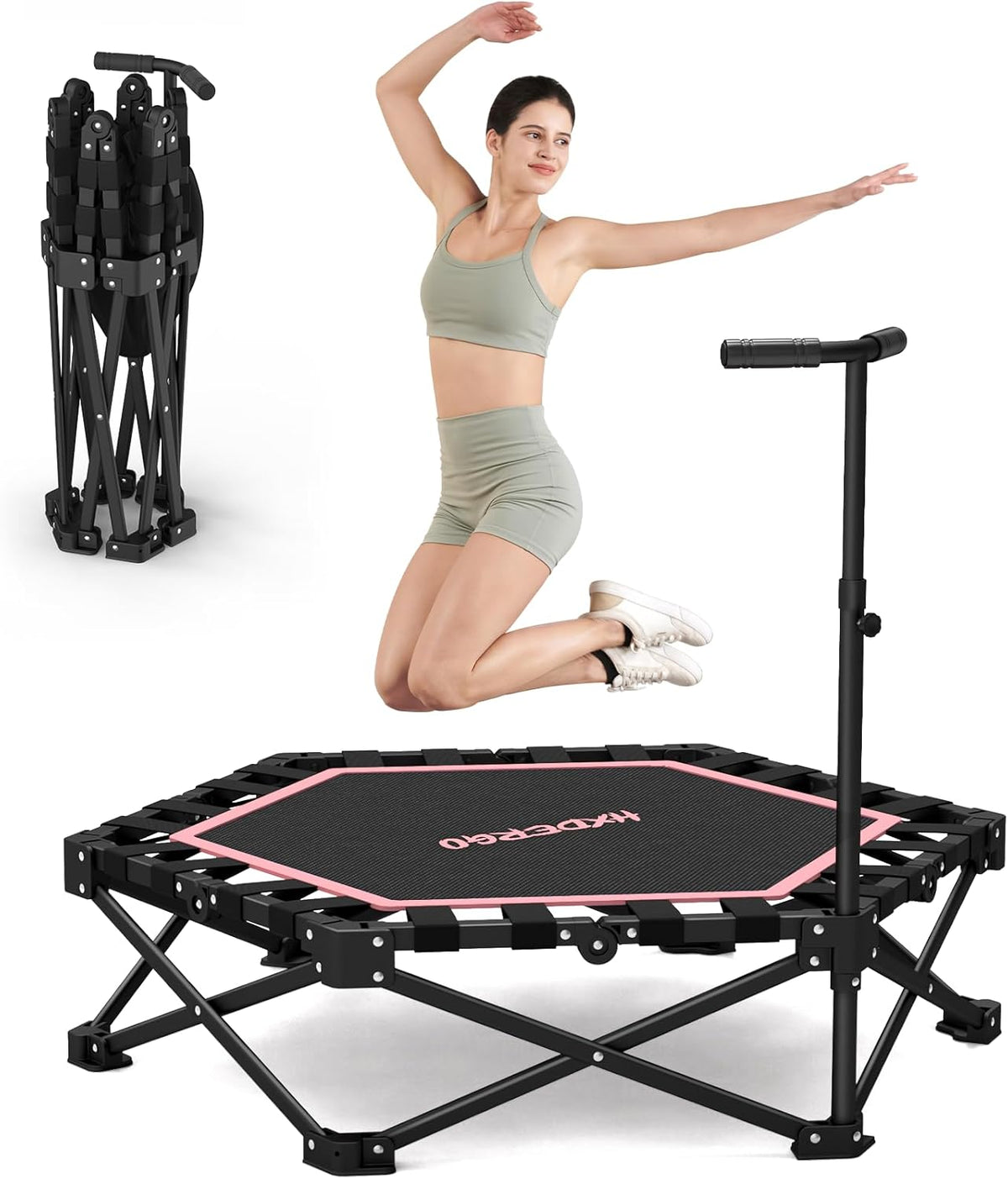 HXD-ERGO Pro Hexagonal Foldable Rebounder, Zero-Assembly Fitness Trampoline with Stability Handle