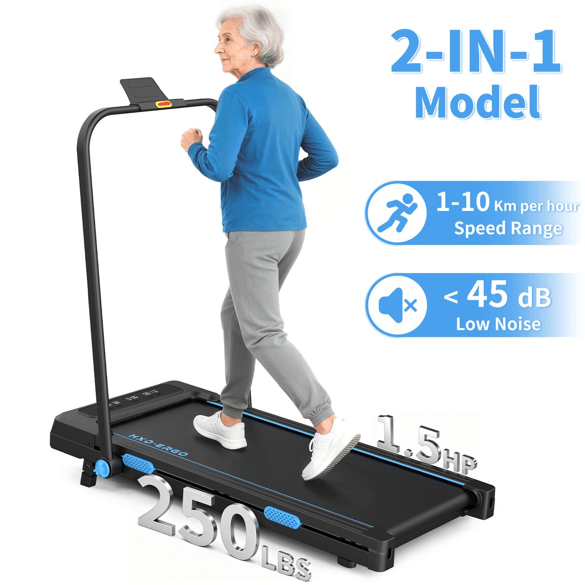 HXD-ERGO-2-in-1 Foldable Low Noise 250lbs Weight Capacity 1.5HP Motorized Treadmill with LED Monitor & Remote Control, 2 Level Manual Incline, Space Saving for Home Indoor Walking Jogging Workouts