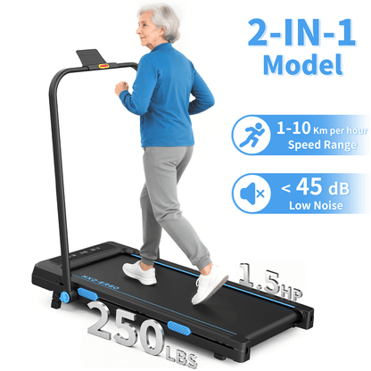 HXD-ERGO-2-in-1 Foldable Low Noise 250lbs Weight Capacity 1.5HP Motorized Treadmill with LED Monitor & Remote Control, 2 Level Manual Incline, Space Saving for Home Indoor Walking Jogging Workouts