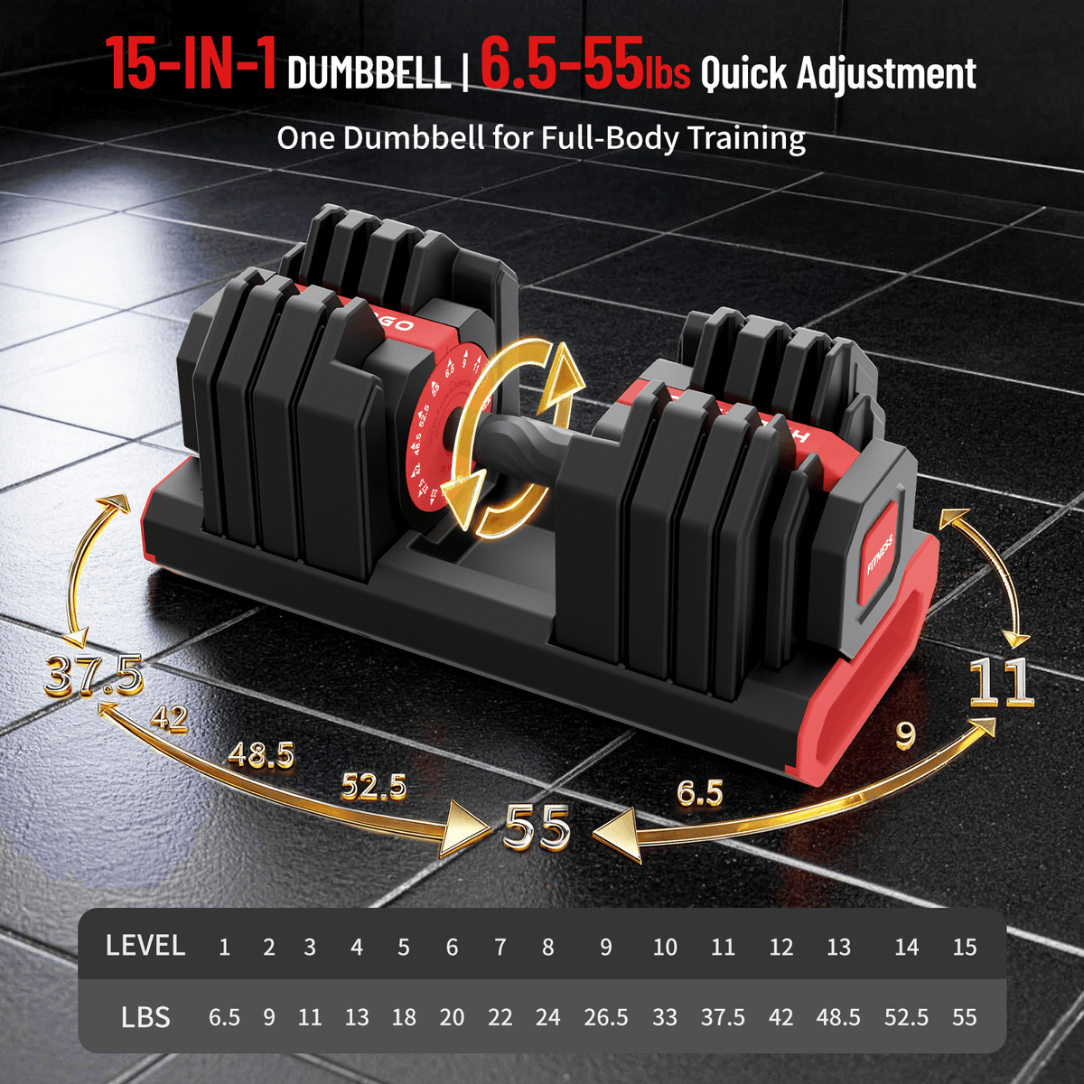HXD-ERGO 15-in-1 Adjustable Dumbbell with 1-Second Quick Change, 52.5 LBS Free Weight with Anti-Slip Grip & Secure Lock, Space-Saving Home Gym Equipment for Full Body Workouts