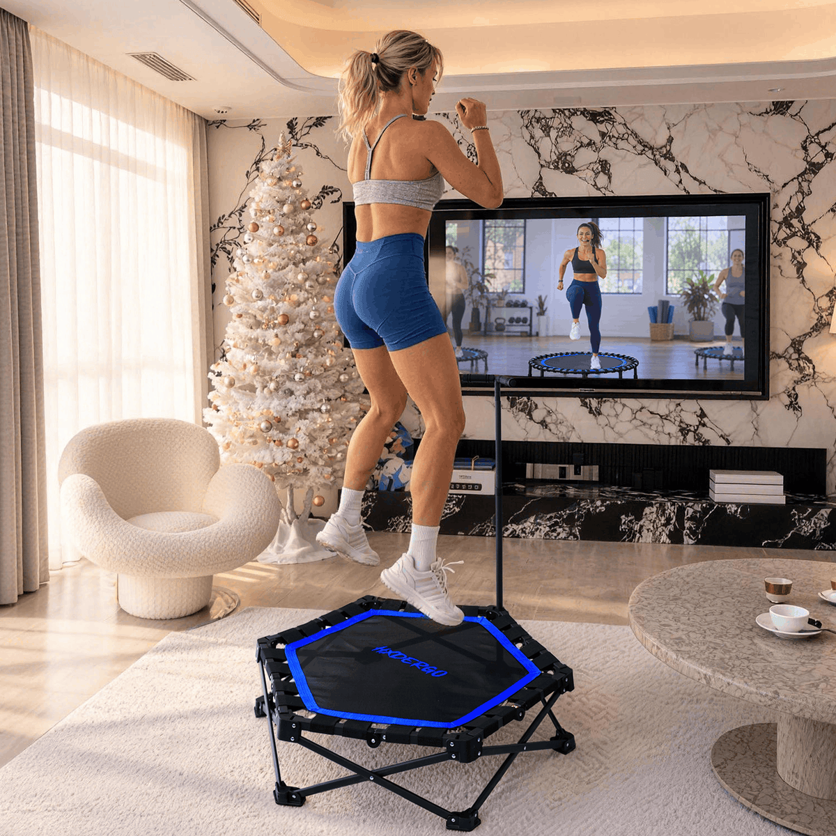 HXD-ERGO Pro Hexagonal Foldable Rebounder, Zero-Assembly Fitness Trampoline with Stability Handle