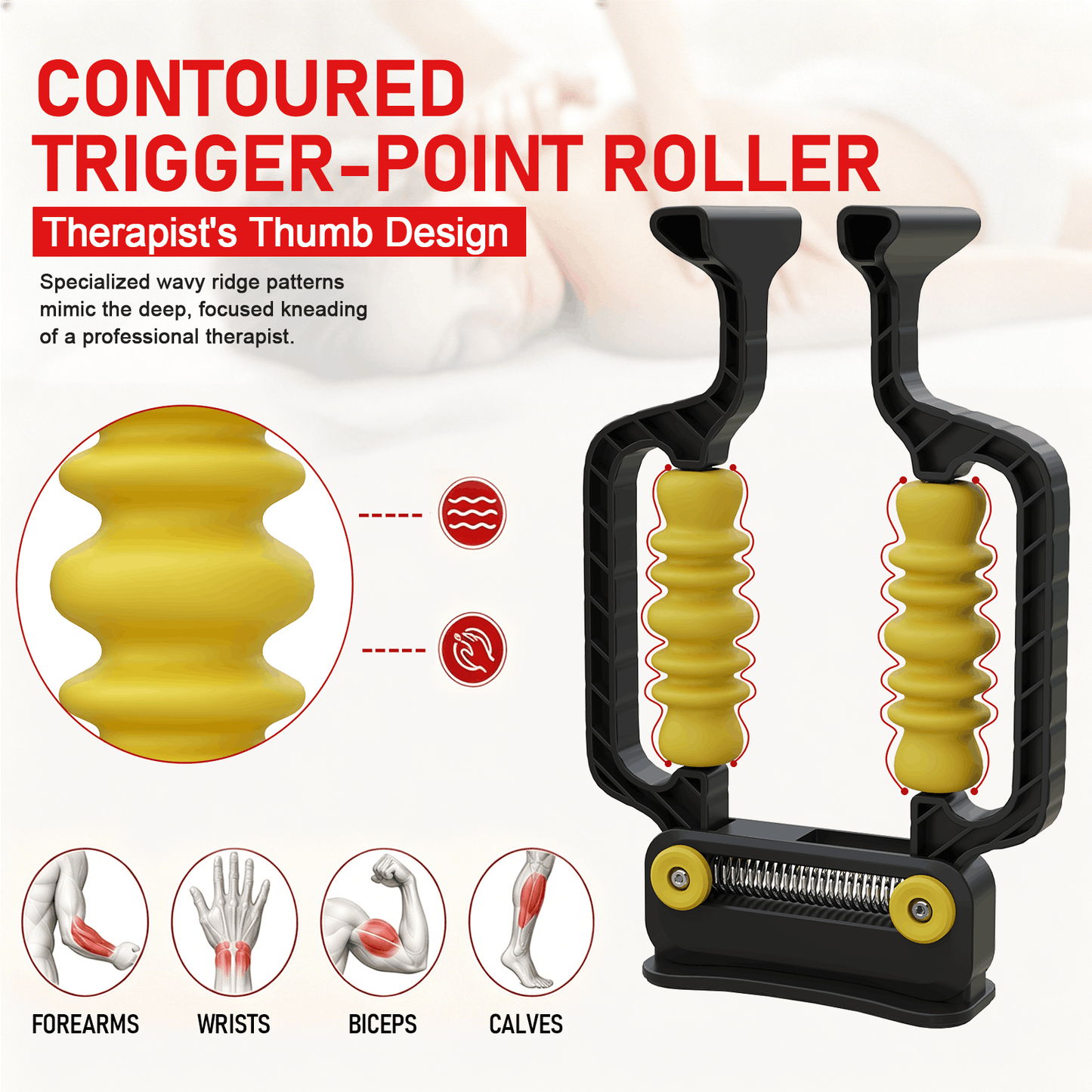 Adaptive Arm & Leg Massage Roller with Spring-Loaded Base | Deep Tissue Massager with Contour-Wavy Trigger Point Rollers & Foam Base. For Forearm, Wrist, Bicep, Calf Recovery At Gym