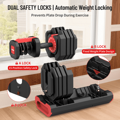 HXD-ERGO 15-in-1 Adjustable Dumbbell with 1-Second Quick Change, 52.5 LBS Free Weight with Anti-Slip Grip & Secure Lock, Space-Saving Home Gym Equipment for Full Body Workouts