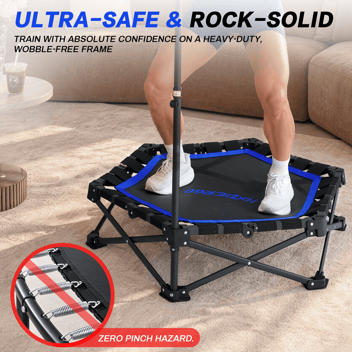 HXD-ERGO Pro Hexagonal Foldable Rebounder, Zero-Assembly Fitness Trampoline with Stability Handle
