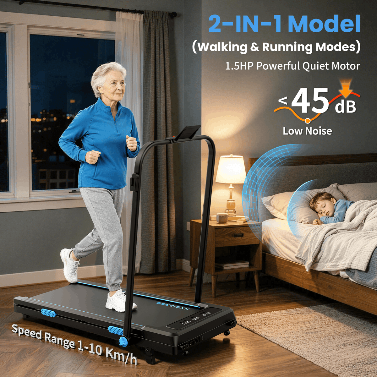 HXD-ERGO-2-in-1 Foldable Low Noise 250lbs Weight Capacity 1.5HP Motorized Treadmill with LED Monitor & Remote Control, 2 Level Manual Incline, Space Saving for Home Indoor Walking Jogging Workouts