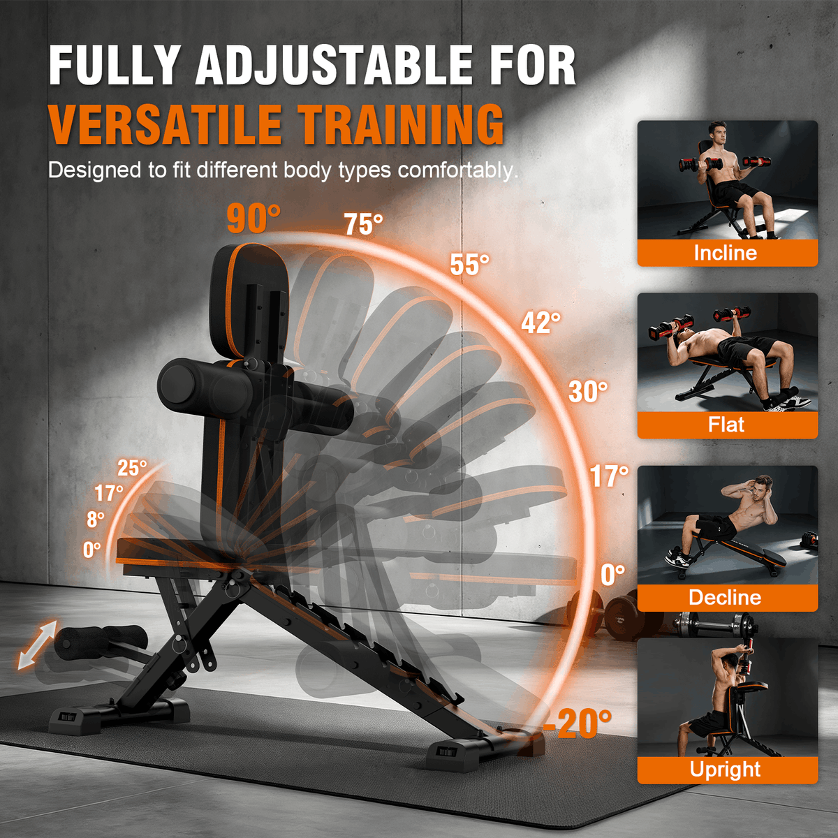 HXD-ERGO 660 lbs Capacity Adjustable Weight Bench, Foldable Incline/Decline Workout Bench for Home Gym, Multi-Position Fitness Training Equipment for Full Body Workouts, Strength Training Gear for Me