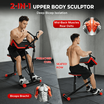 HXD-ERGO 2-in-1 Preacher Curl & Seated Row Station, 9-Level Linear Resistance Up to 80 Lbs, Sturdy Steel Frame Adjustable Seat, Space-Saving Arm Workout Equipment for Home Gym Strength Training