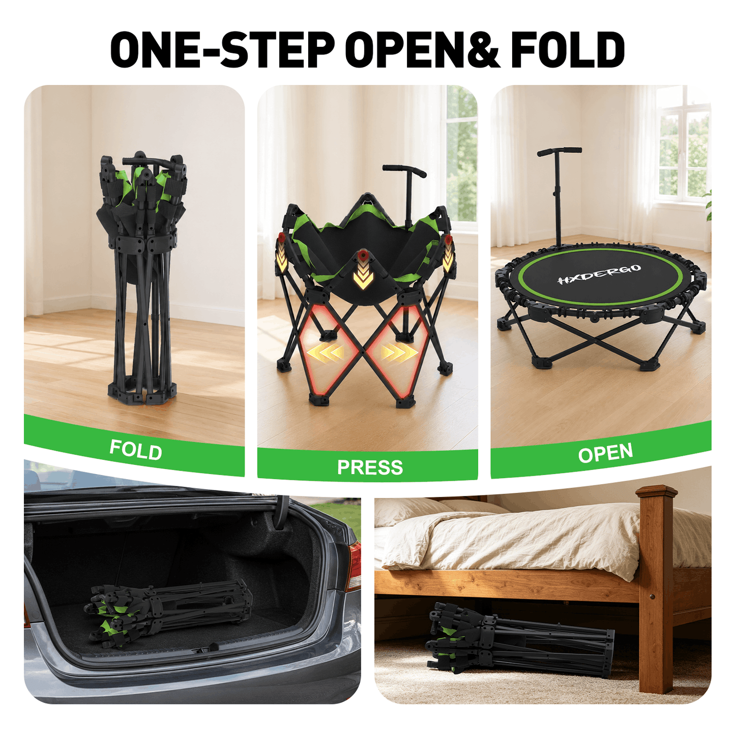 HXD-ERGO Classic Round Foldable Rebounder, Zero-Assembly Fitness Mini Trampoline with Handle