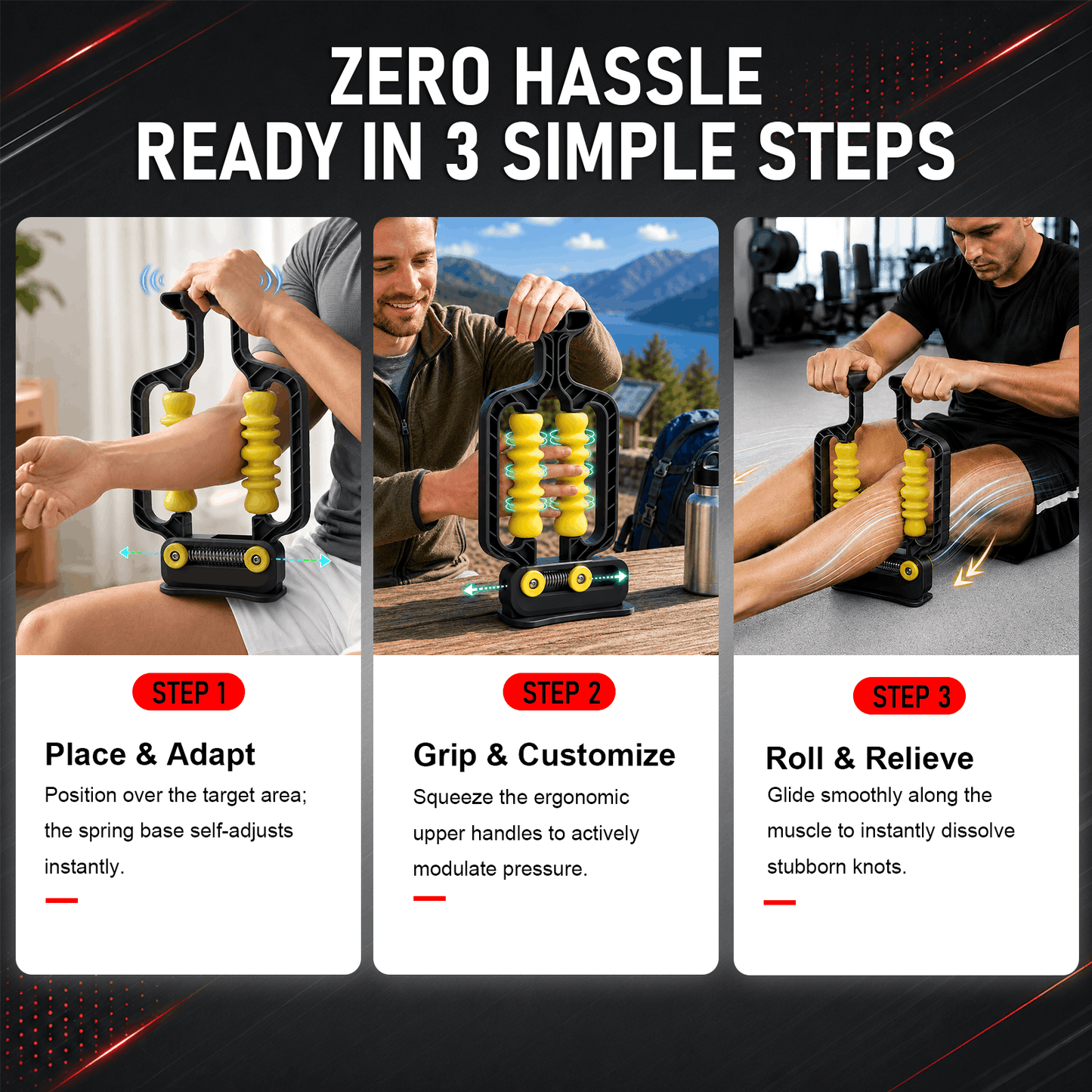 Adaptive Arm & Leg Massage Roller with Spring-Loaded Base | Deep Tissue Massager with Contour-Wavy Trigger Point Rollers & Foam Base. For Forearm, Wrist, Bicep, Calf Recovery At Gym