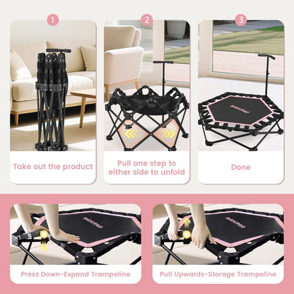 HXD-ERGO Pro Hexagonal Foldable Rebounder, Zero-Assembly Fitness Trampoline with Stability Handle