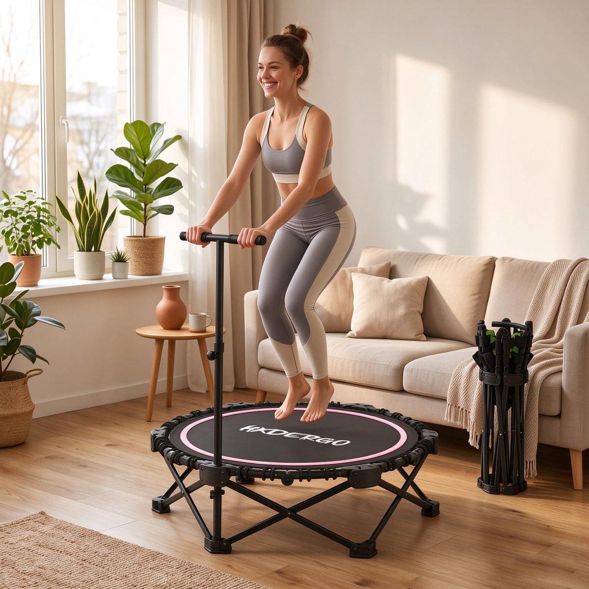 HXD-ERGO Classic Round Foldable Rebounder, Zero-Assembly Fitness Mini Trampoline with Handle