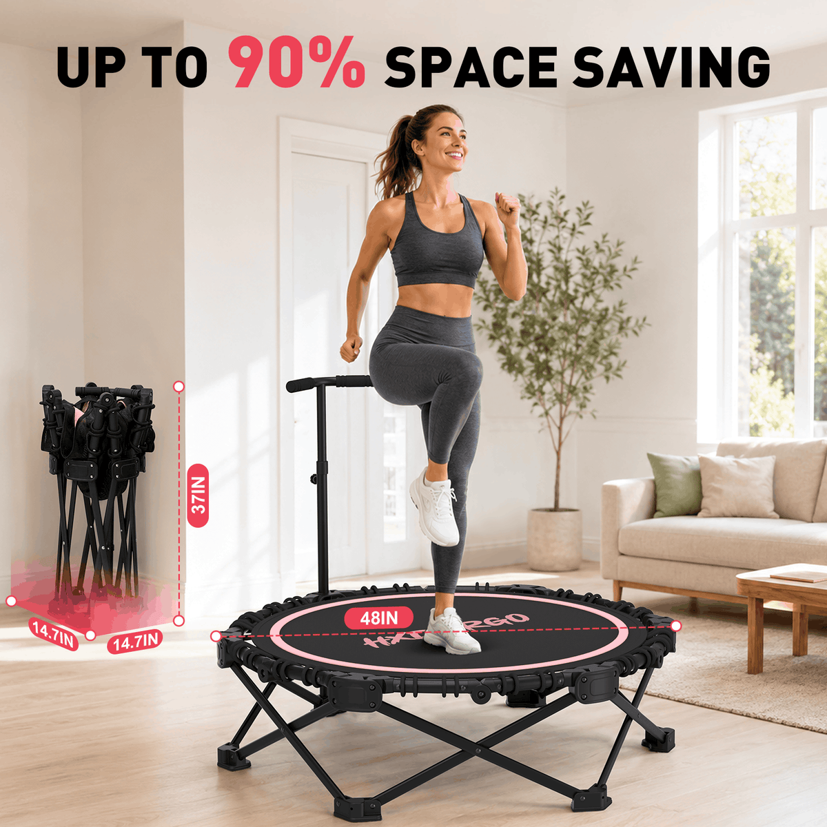 HXD-ERGO Classic Round Foldable Rebounder, Zero-Assembly Fitness Mini Trampoline with Handle