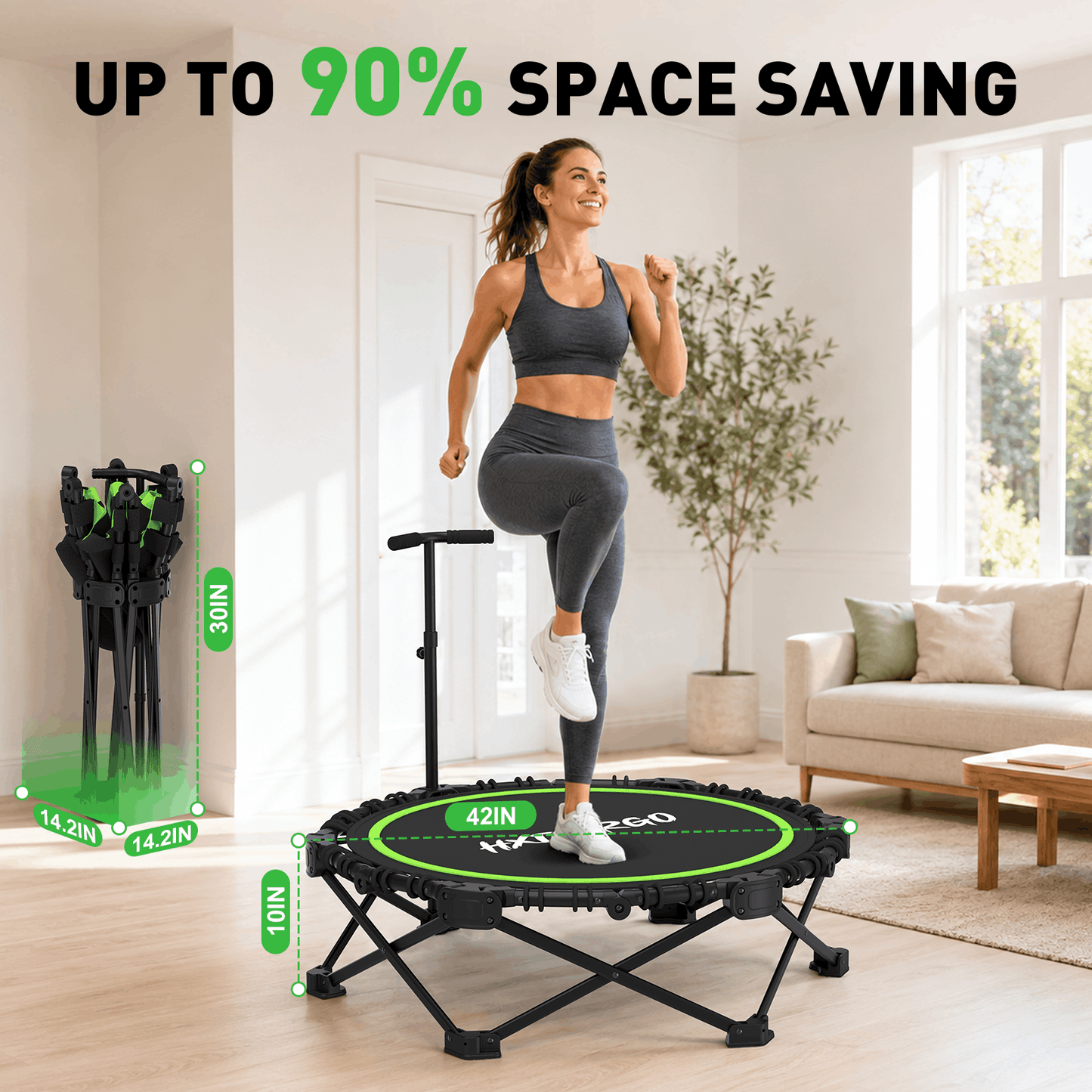 HXD-ERGO Classic Round Foldable Rebounder, Zero-Assembly Fitness Mini Trampoline with Handle