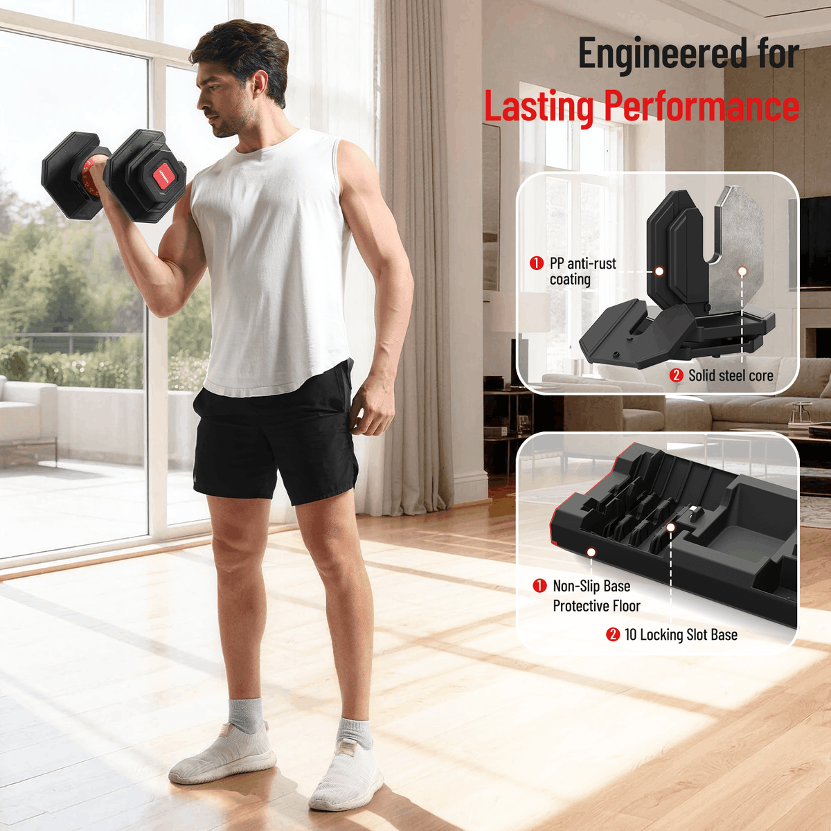 HXD-ERGO 15-in-1 Adjustable Dumbbell with 1-Second Quick Change, 52.5 LBS Free Weight with Anti-Slip Grip & Secure Lock, Space-Saving Home Gym Equipment for Full Body Workouts