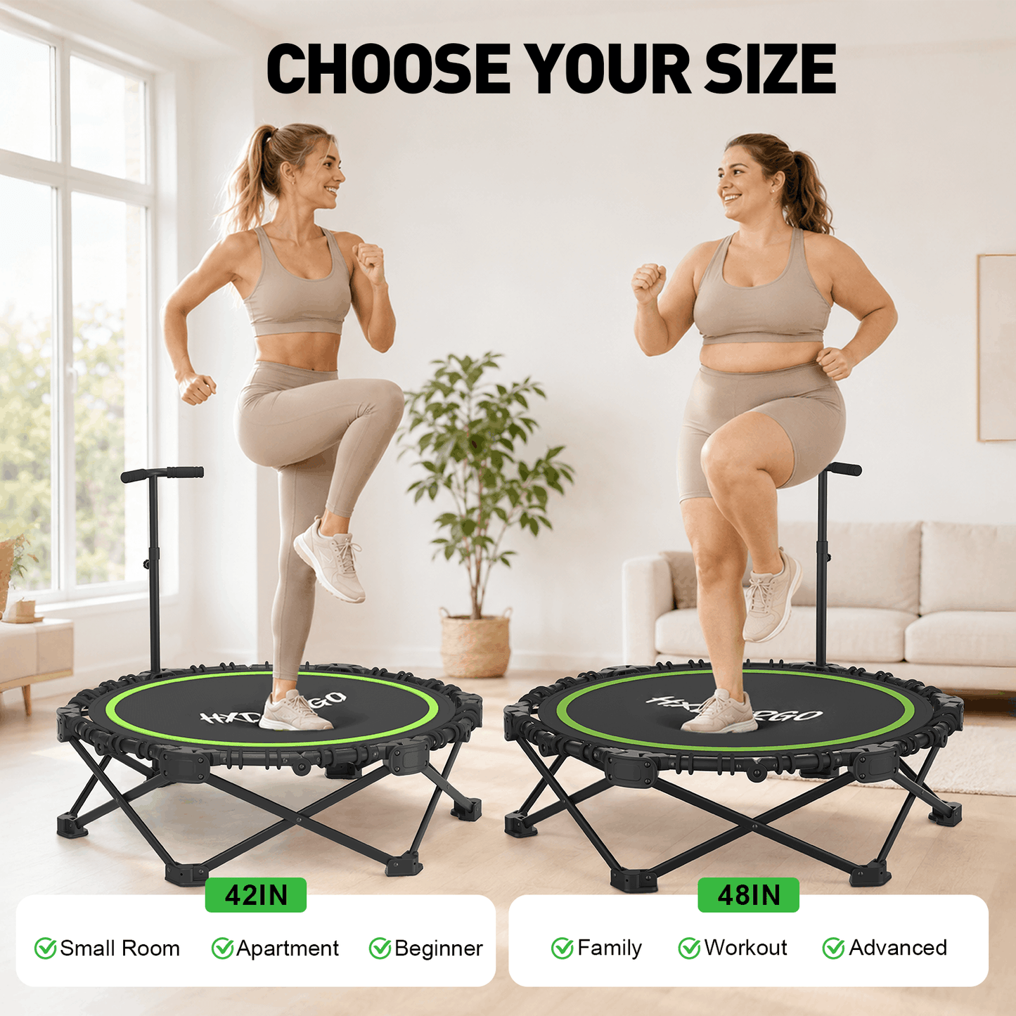 HXD-ERGO Classic Round Foldable Rebounder, Zero-Assembly Fitness Mini Trampoline with Handle