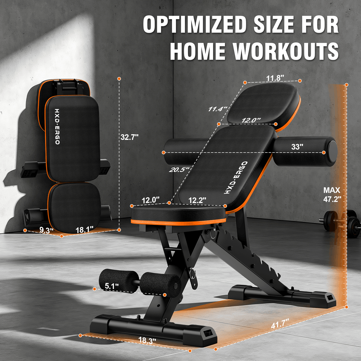 HXD-ERGO 660 lbs Capacity Adjustable Weight Bench, Foldable Incline/Decline Workout Bench for Home Gym, Multi-Position Fitness Training Equipment for Full Body Workouts, Strength Training Gear for Me