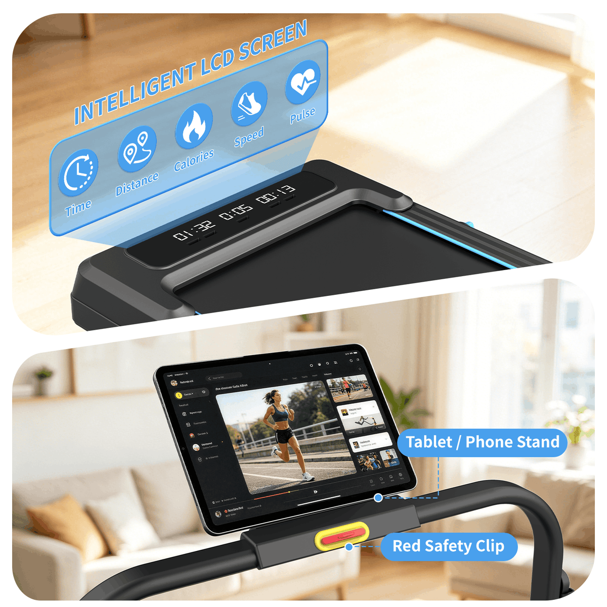 HXD-ERGO-2-in-1 Foldable Low Noise 250lbs Weight Capacity 1.5HP Motorized Treadmill with LED Monitor & Remote Control, 2 Level Manual Incline, Space Saving for Home Indoor Walking Jogging Workouts