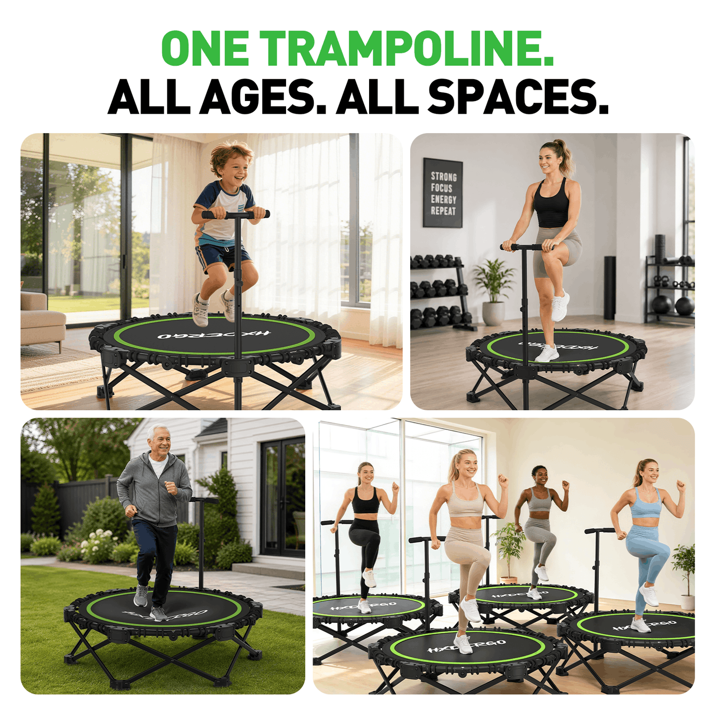 HXD-ERGO Classic Round Foldable Rebounder, Zero-Assembly Fitness Mini Trampoline with Handle