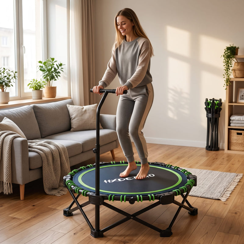 HXD-ERGO Classic Round Foldable Rebounder, Zero-Assembly Fitness Mini Trampoline with Handle