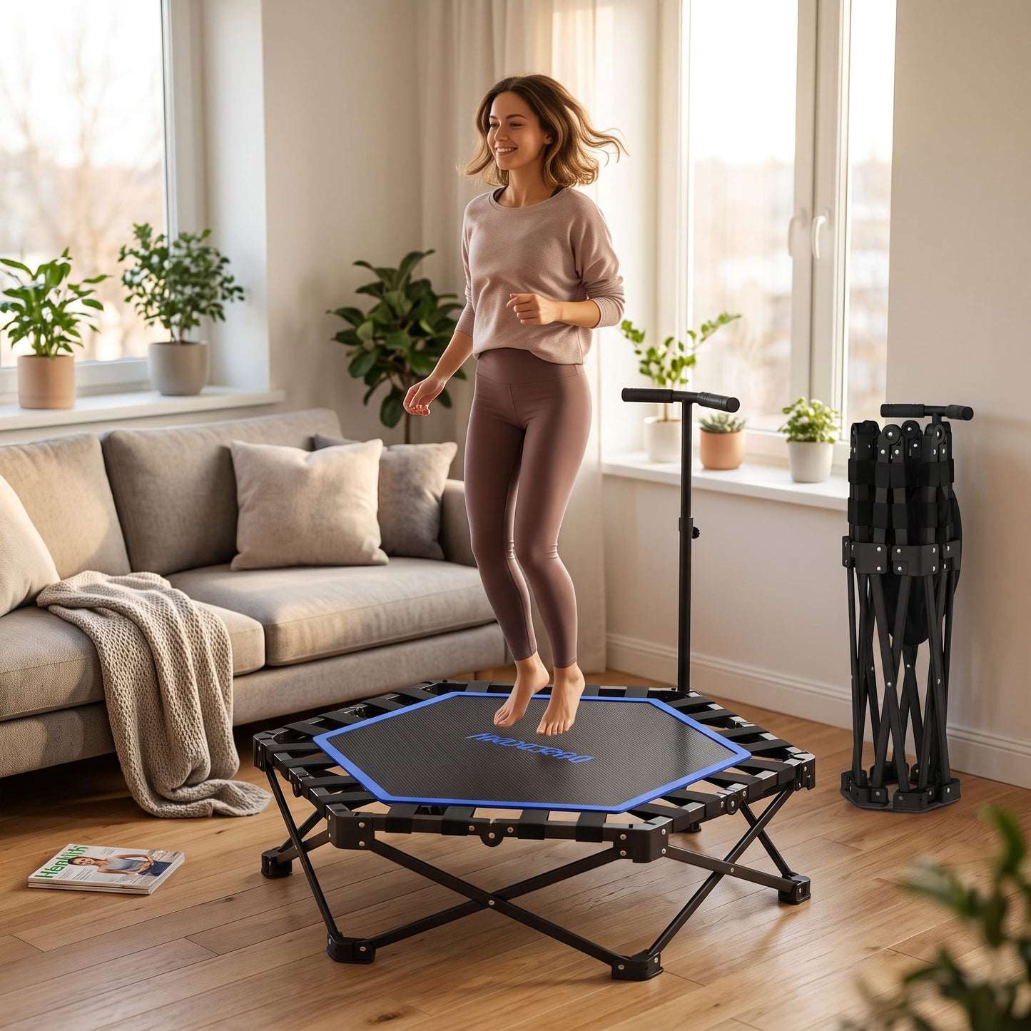 HXD-ERGO Pro Hexagonal Foldable Rebounder, Zero-Assembly Fitness Trampoline with Stability Handle