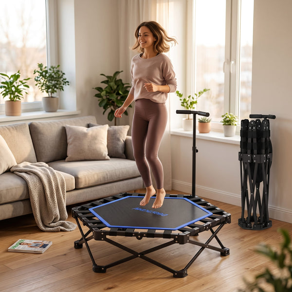 HXD-ERGO Pro Hexagonal Foldable Rebounder, Zero-Assembly Fitness Trampoline with Stability Handle