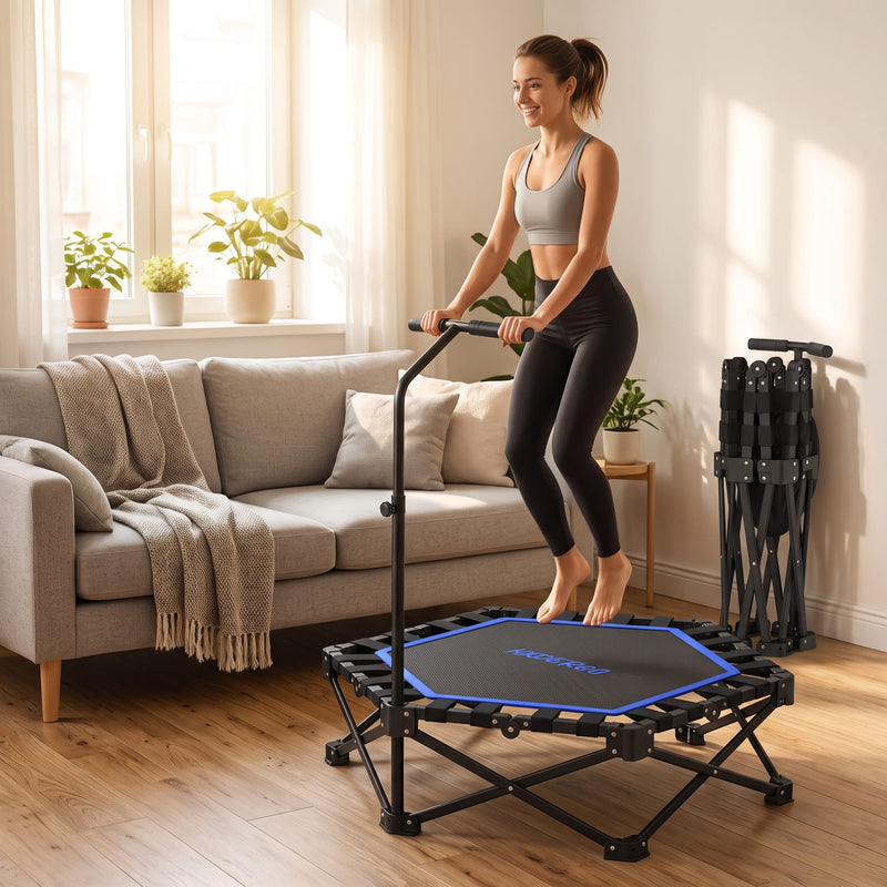 HXD-ERGO Pro Hexagonal Foldable Rebounder, Zero-Assembly Fitness Trampoline with Stability Handle